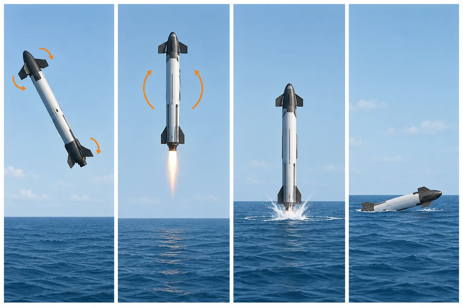 A descending rocket turns upright, touches the water tail-first, then tips onto its side.