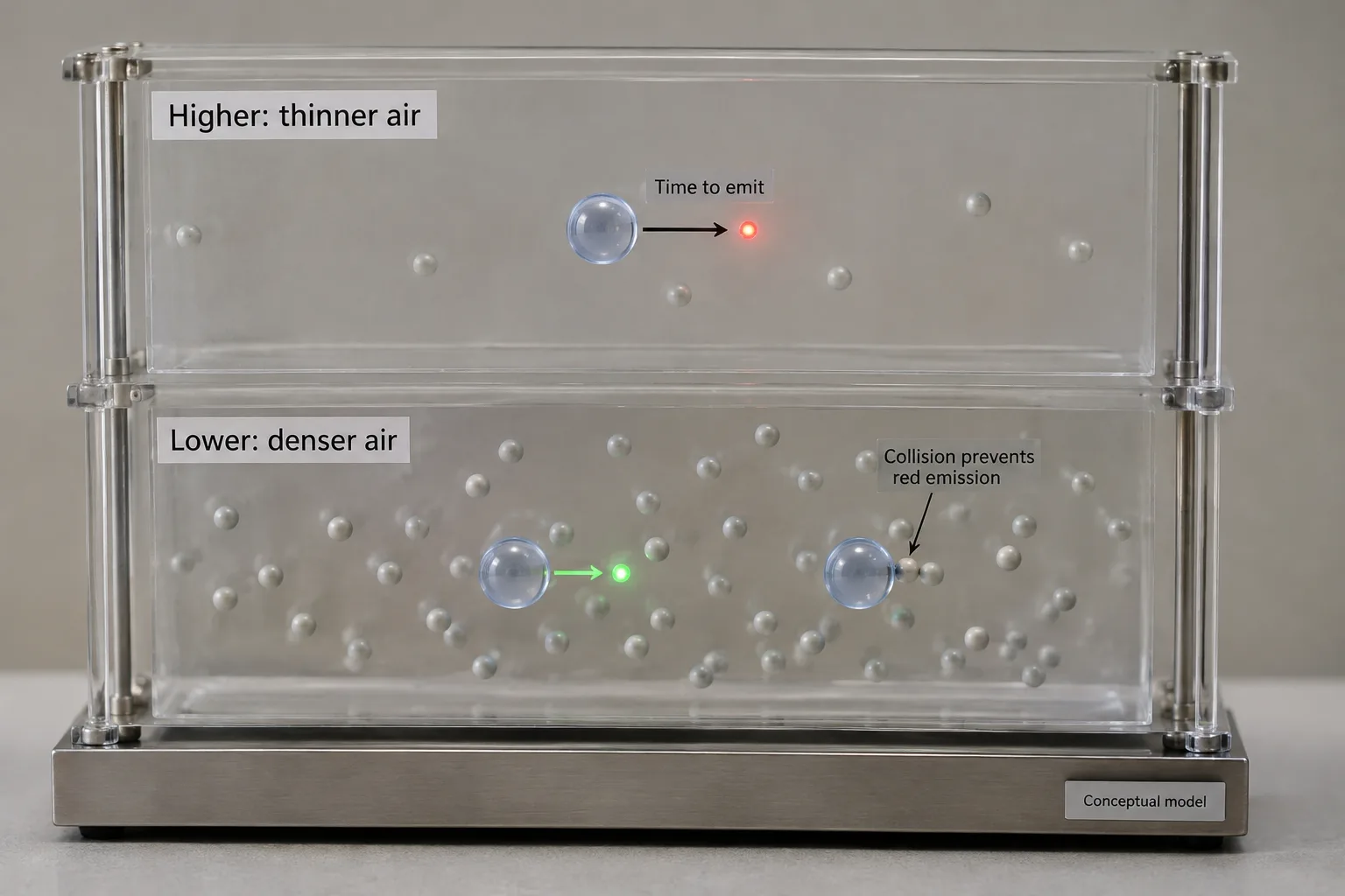 A two-level model contrasts red oxygen emission in thin air with frequent collisions that suppress it in denser air.