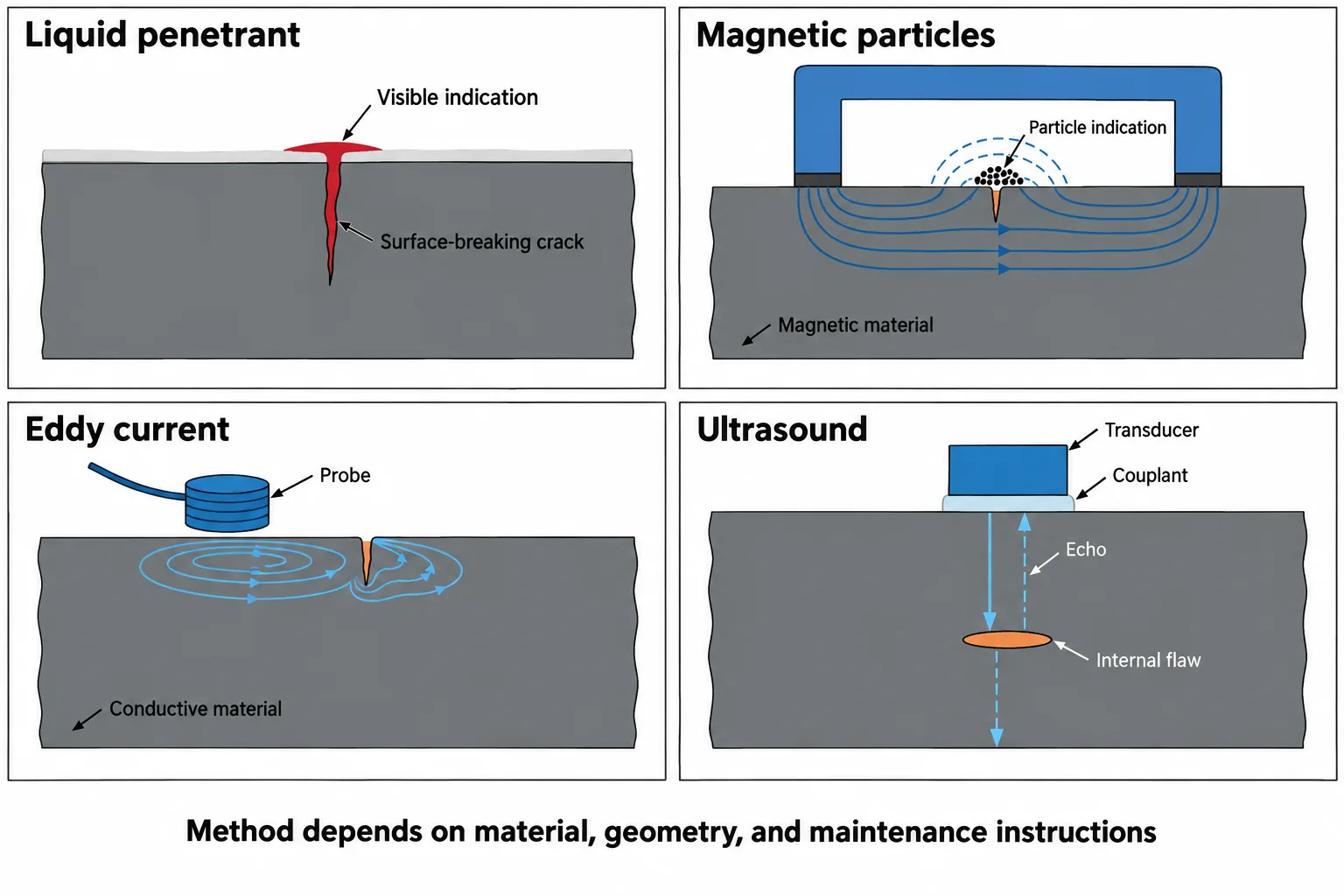 Four diagrams compare penetrant, magnetic-particle, eddy-current, and ultrasonic inspection of surface or internal flaws.