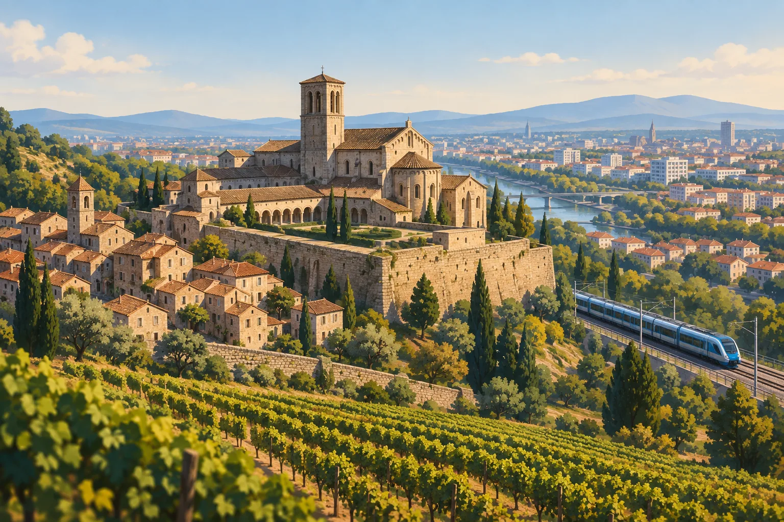 Sant Cugat’s monastery stands between vineyards, an old village, and a railway-linked modern city.