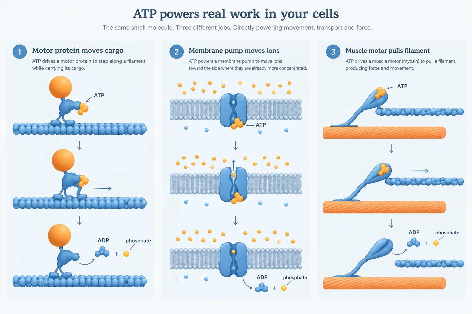 ATP acts directly on proteins that transport cargo, pump ions, and move muscle filaments.