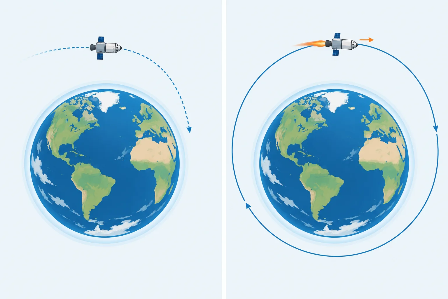 A spacecraft's path leads into the atmosphere before a burn and continues around Earth afterward.