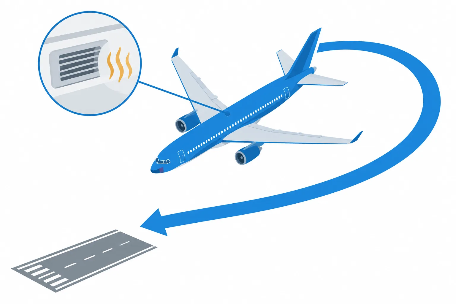 An airliner follows a U-turn toward a runway while an inset highlights an unusual smell near a cabin air vent.
