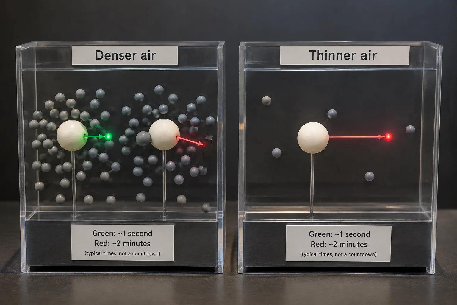 Two particle models contrast frequent collisions that interrupt red emission with sparse surroundings that allow red light to escape.