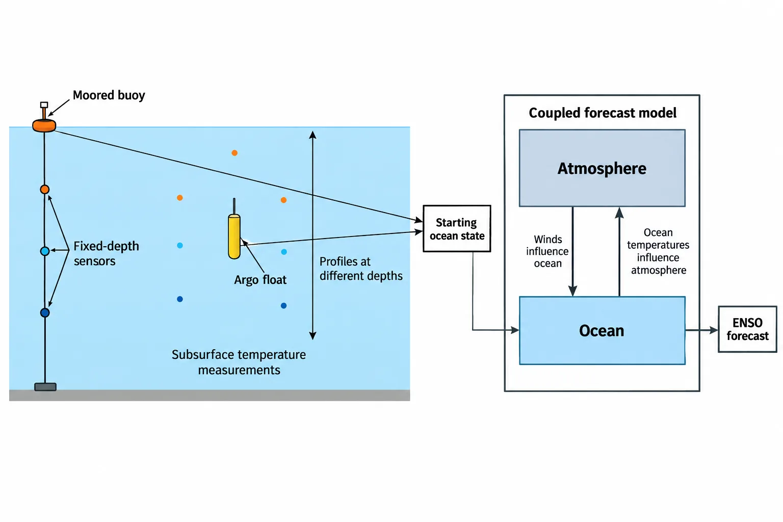 A moored buoy and an Argo float measure subsurface ocean conditions that help set the starting state of an interacting ocean–atmosphere forecast model.