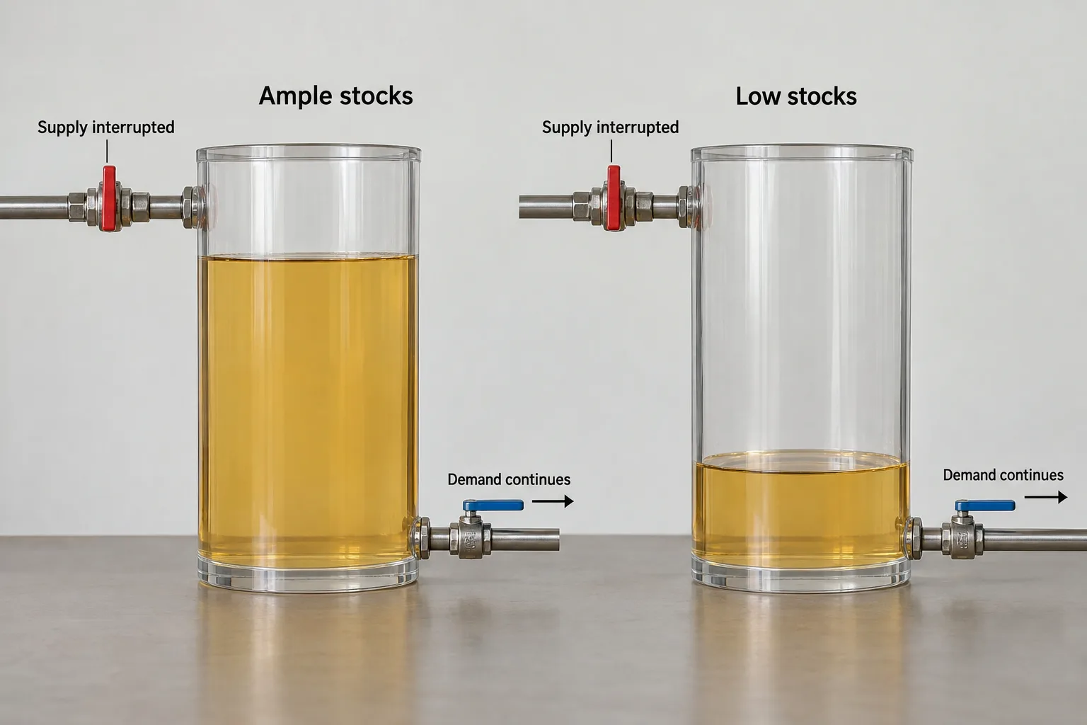 Two matching demonstration tanks show how ample and low fuel inventories provide different cushions during the same supply interruption.