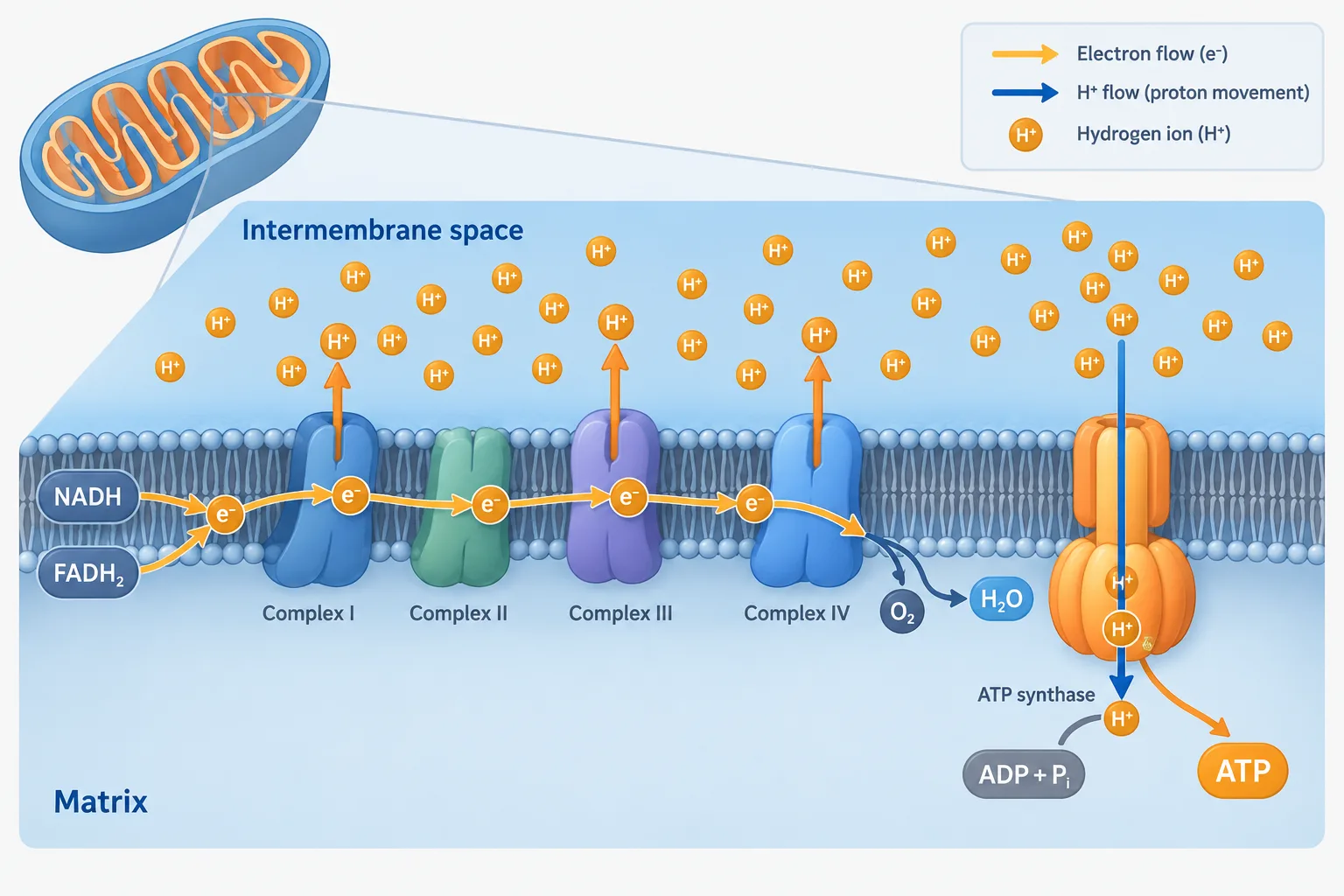 Electron transport pumps hydrogen ions across the inner mitochondrial membrane, and their return through ATP synthase makes ATP.