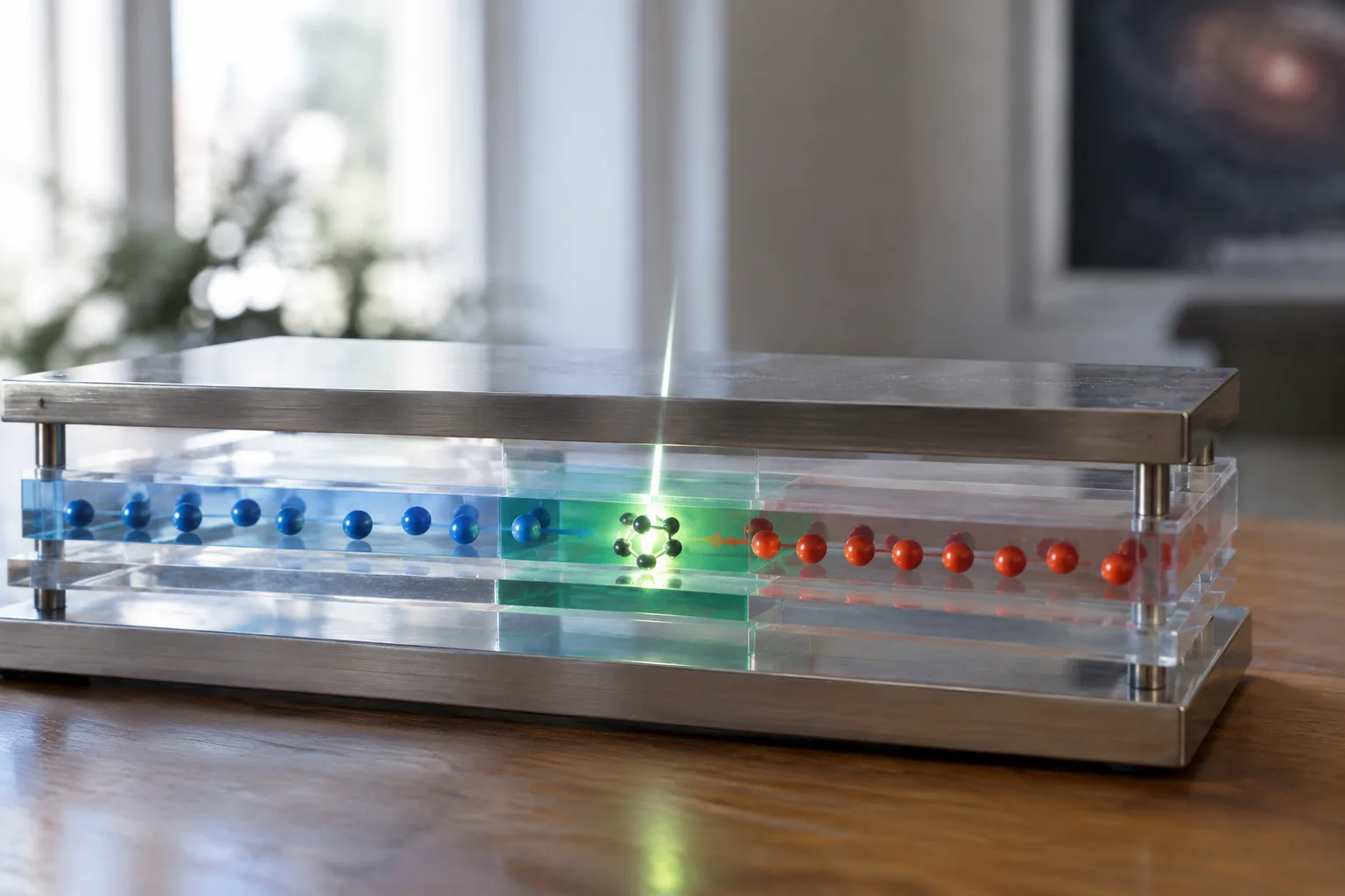 An enlarged OLED model shows charges approaching a central emitting layer where light leaves an excited molecule.