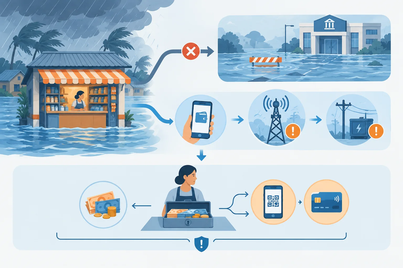 Flooding can block branch access while outages can interrupt digital payments, making backup routes important.