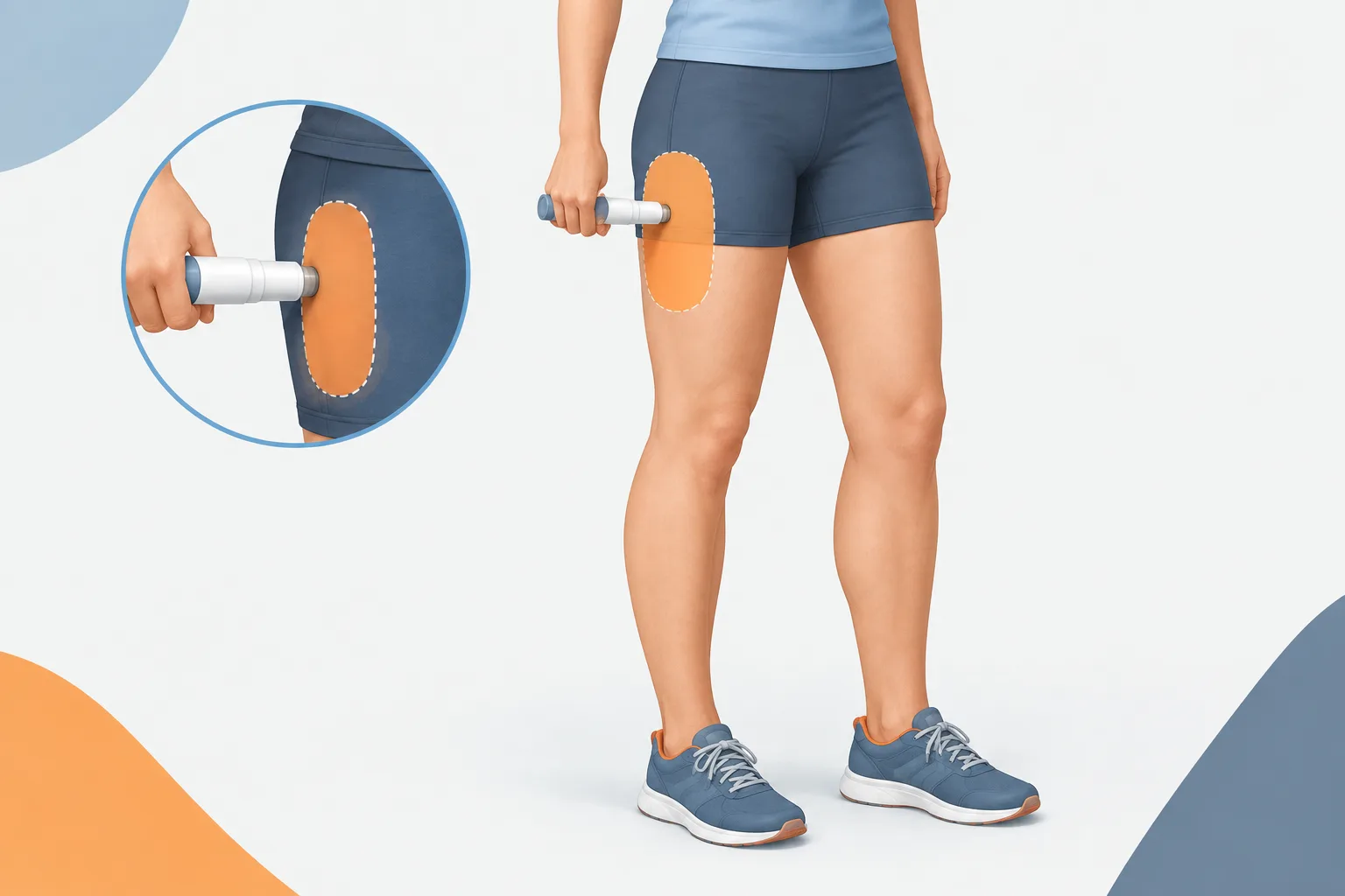 An auto-injector is positioned against the middle of the outer thigh, over clothing.