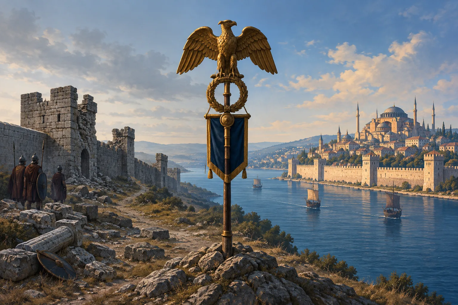 A Roman eagle standard stands between a weakened western frontier and an intact eastern city.