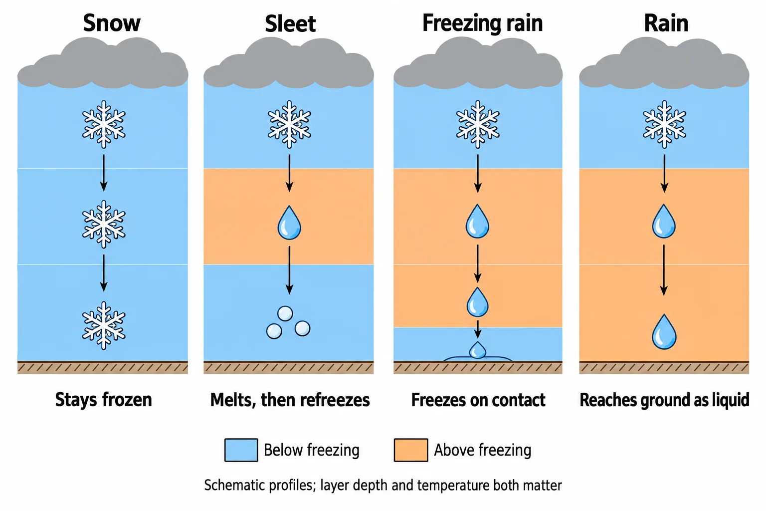 Four atmospheric temperature profiles show how falling snow can remain snow or become sleet, freezing rain, or rain.