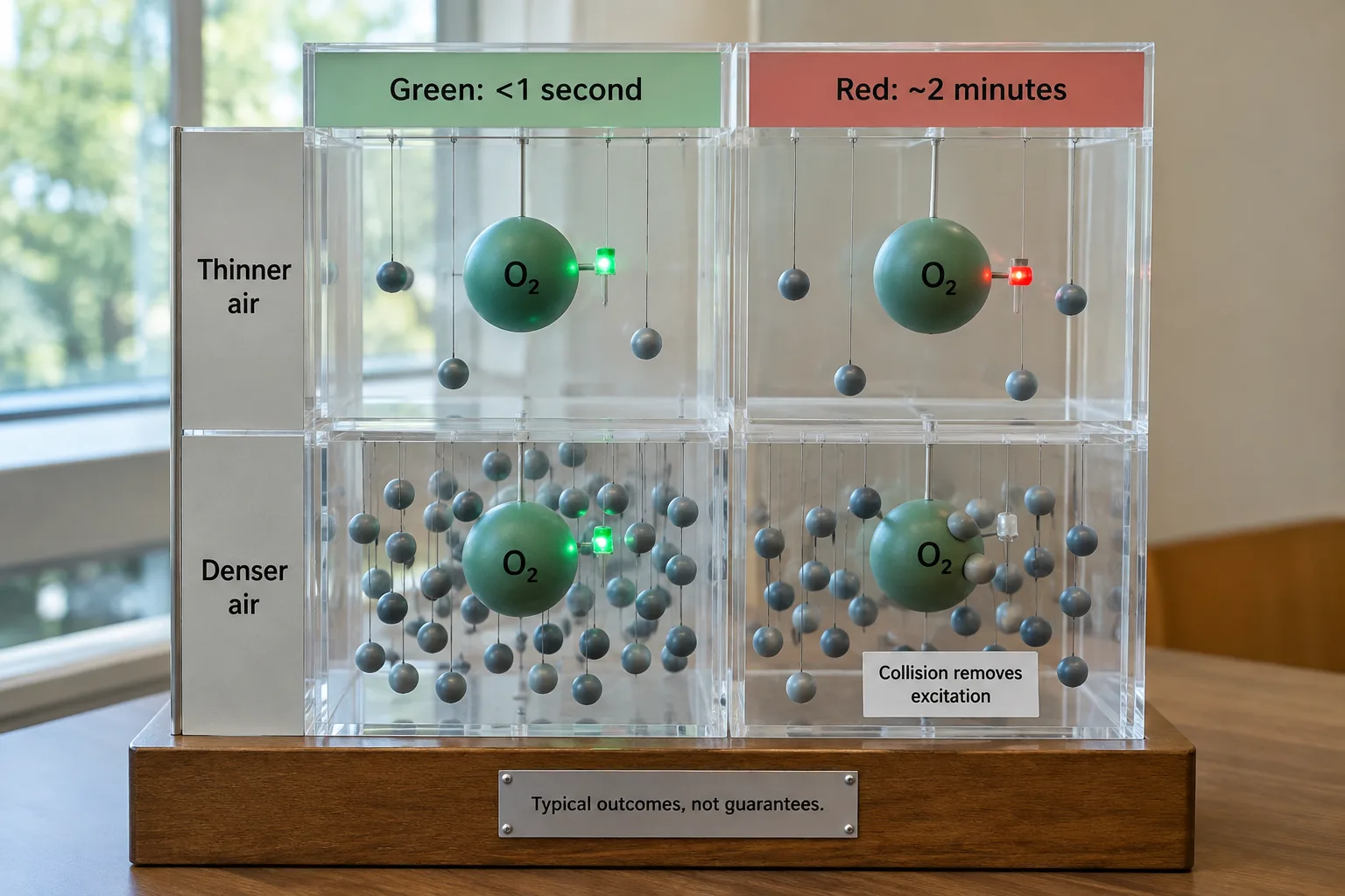 A physical model compares rapid green emission with slower red emission, showing how denser air increases the chance of interruption.