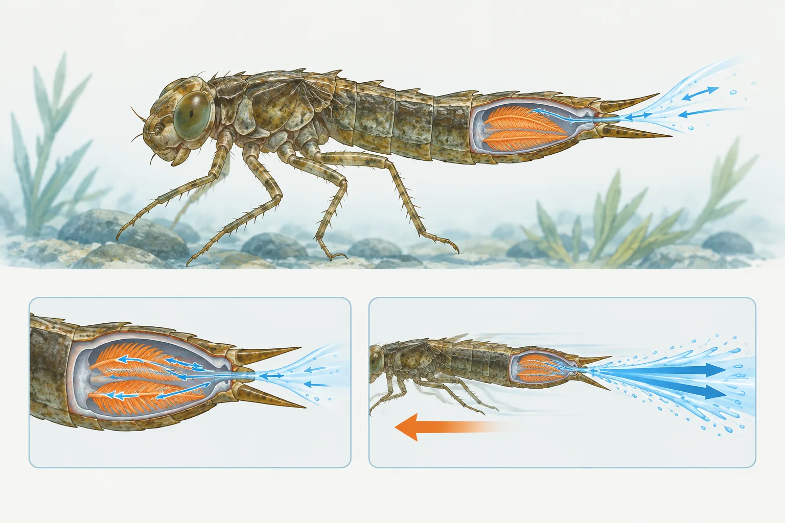 A cutaway shows water moving over internal gills and a stronger rearward jet propelling the nymph forward.