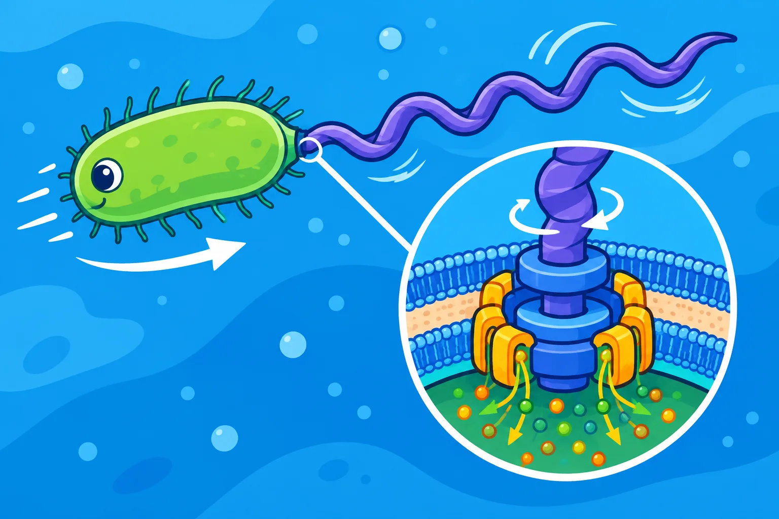 A bacterium swims using a helical flagellum powered by an ion-driven motor in its envelope.