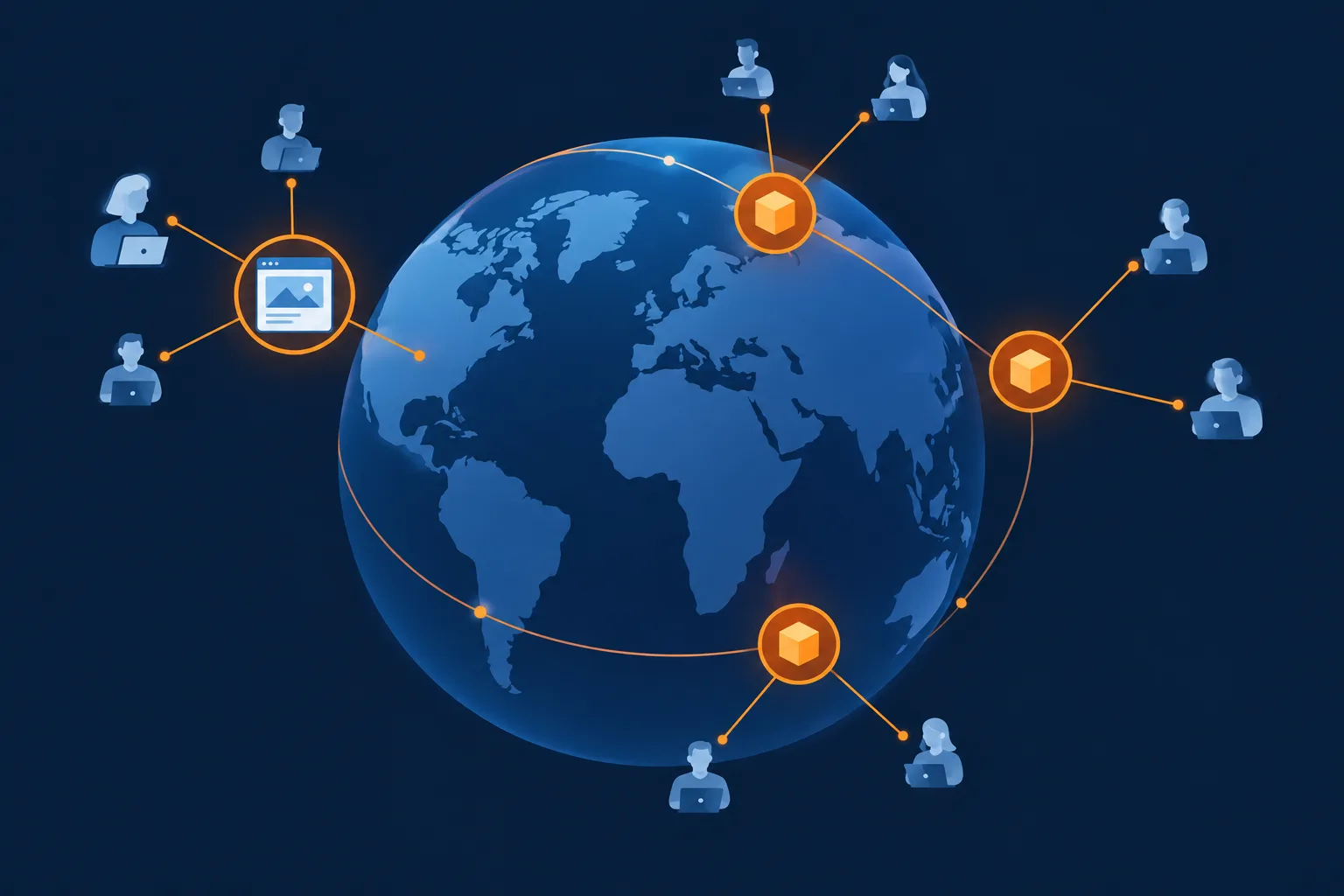 An application appears at connected points around a globe, close to visitors in different regions.