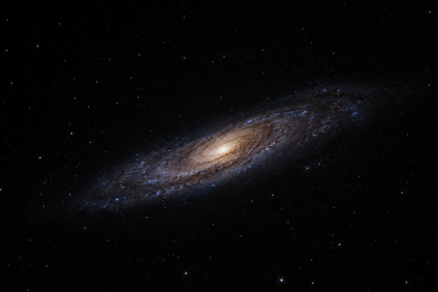 A bright, thin spiral disk fades through sparse outer stars into darkness.