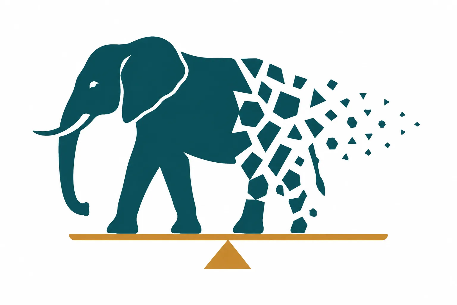An elephant silhouette dissolves into scattered fragments above a weighing platform, symbolizing wildlife decline and its measurement.