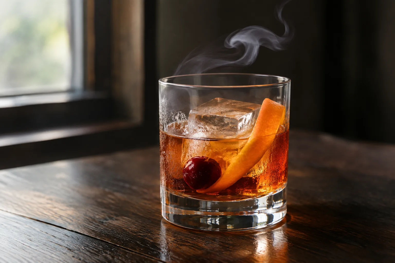 An amber Old Fashioned with a large ice cube, orange peel, and cherry sits beneath a delicate ribbon of smoke.