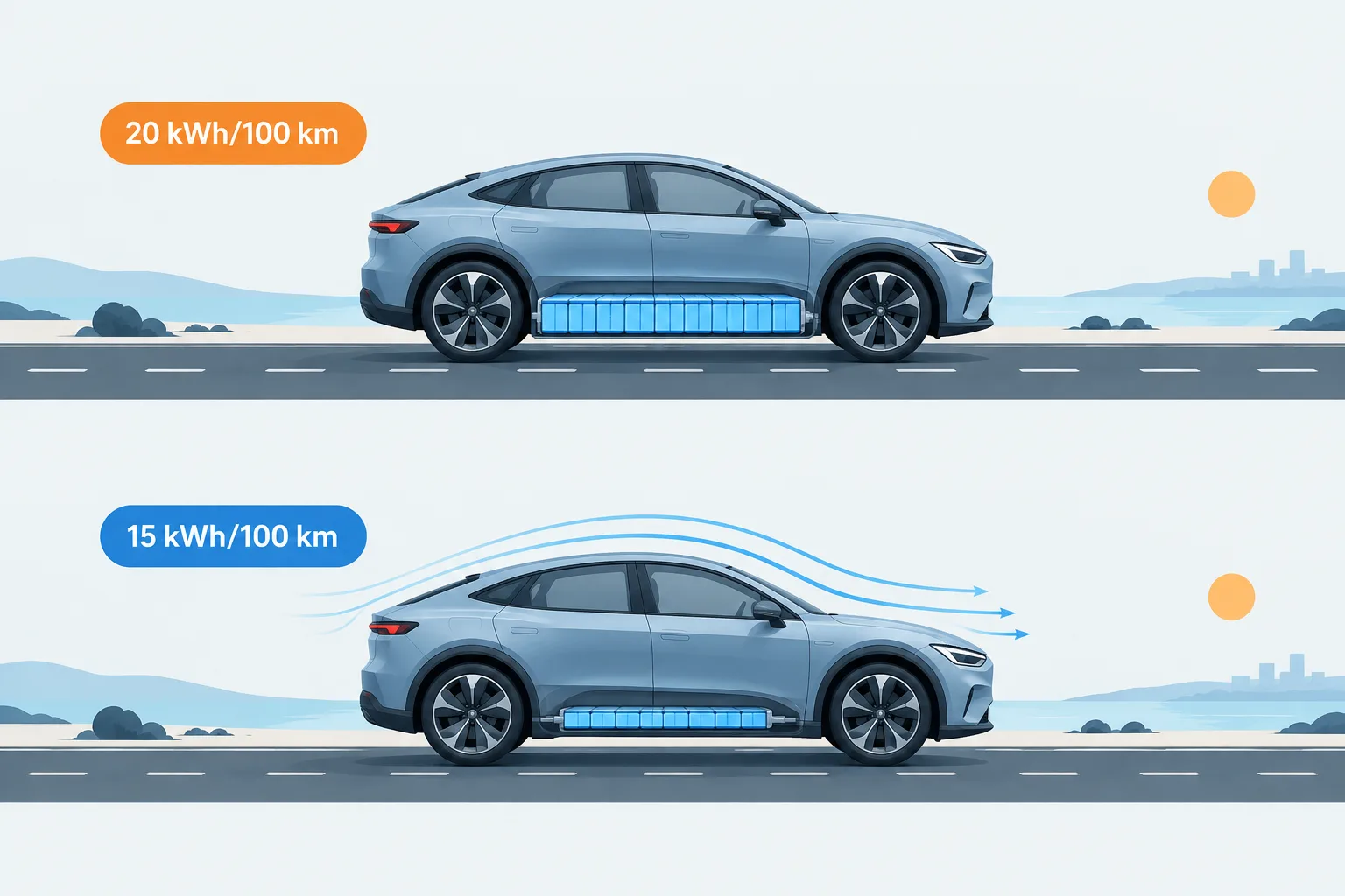 Two similar cars cover the same journey, but the more efficient car needs a smaller battery.