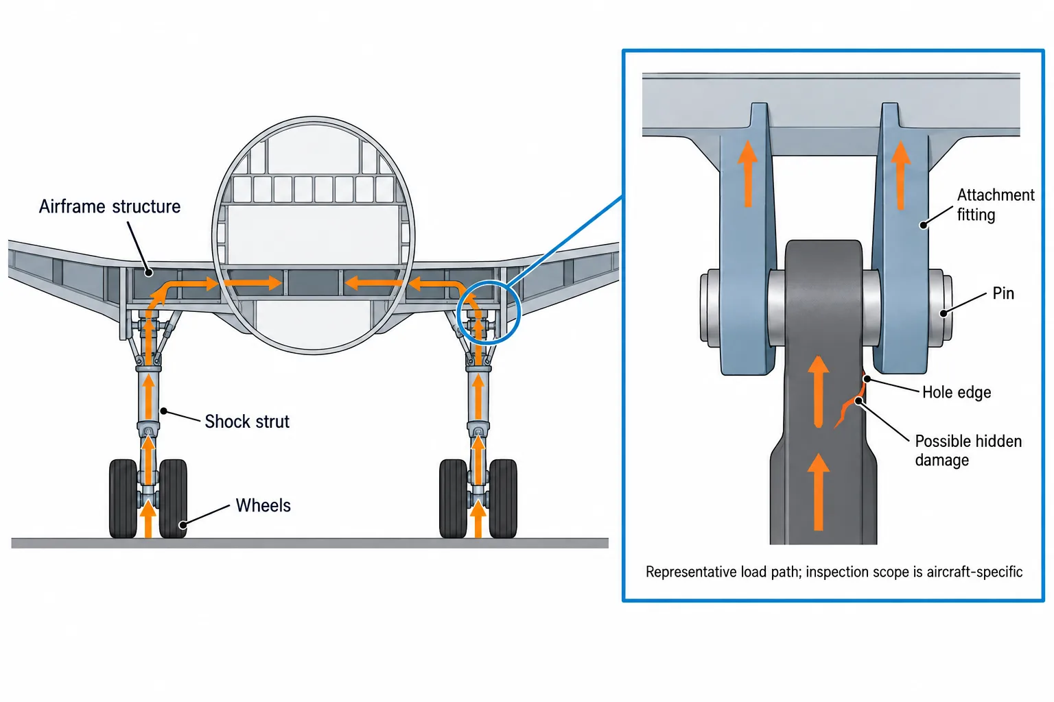 Touchdown-load arrows lead from the wheels into the airframe, with an enlarged pinned attachment showing a possible concealed crack.