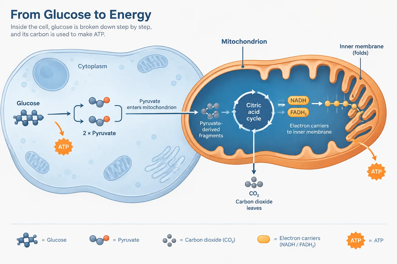 Glucose splits in the cytoplasm, while later reactions in a mitochondrion release carbon dioxide and supply electron carriers.