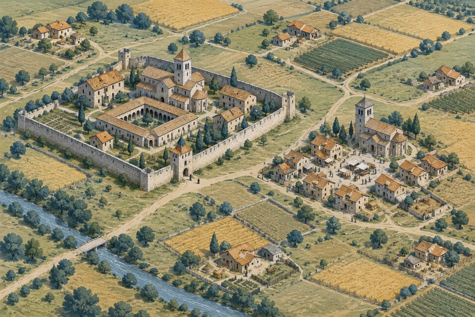 A walled monastery sits beside a separate village with its own parish church and market.