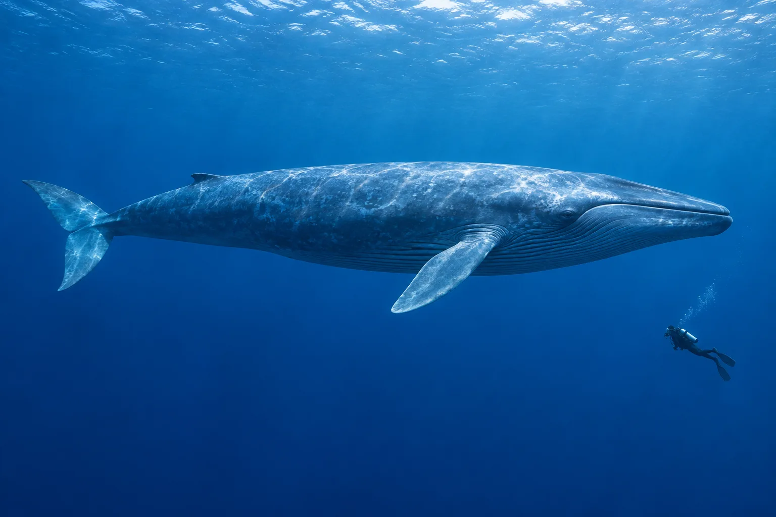 A blue whale dwarfs a distant diver in open water.