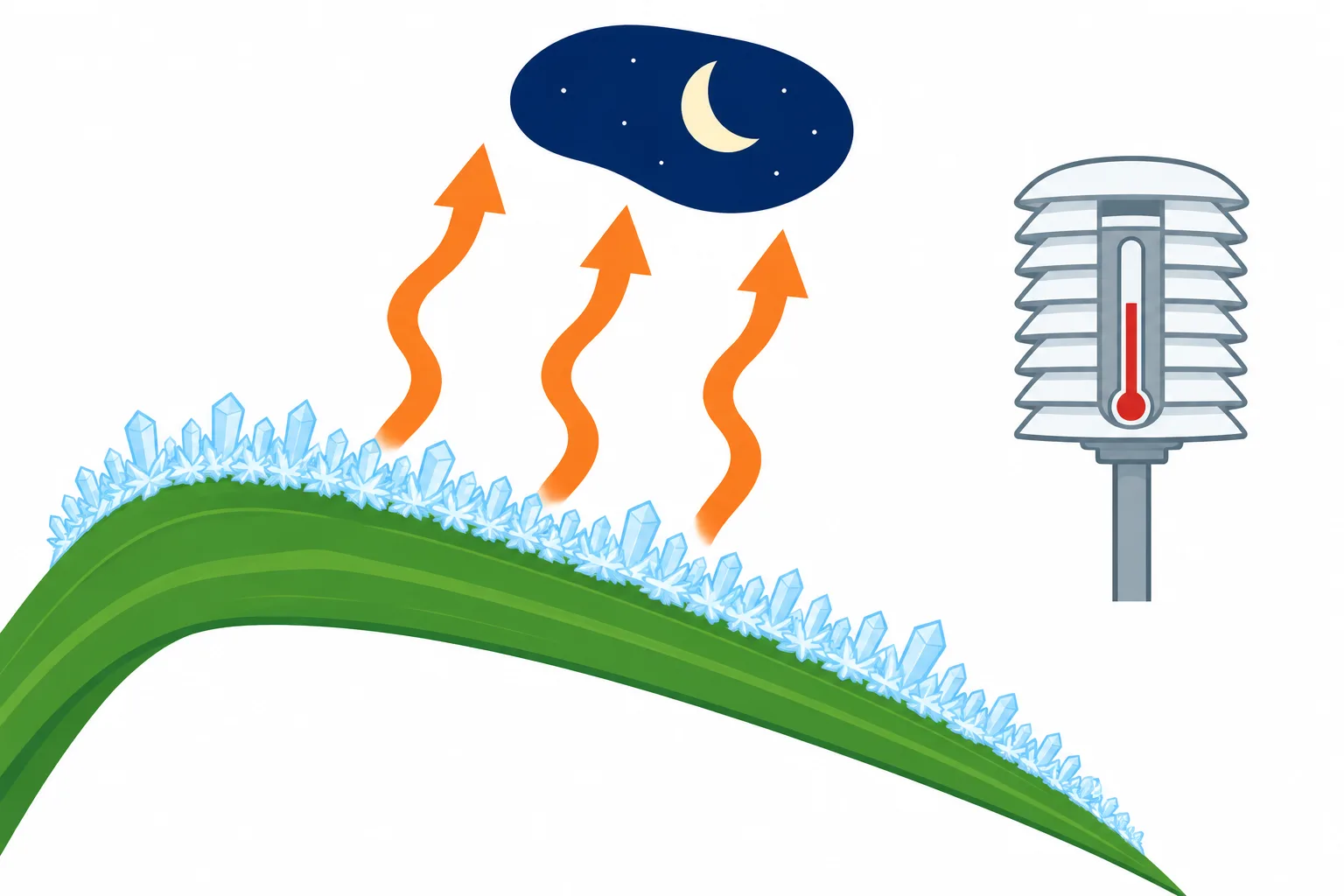 Frost crystals coat a grass blade as heat escapes toward a clear night sky beside an elevated air thermometer.