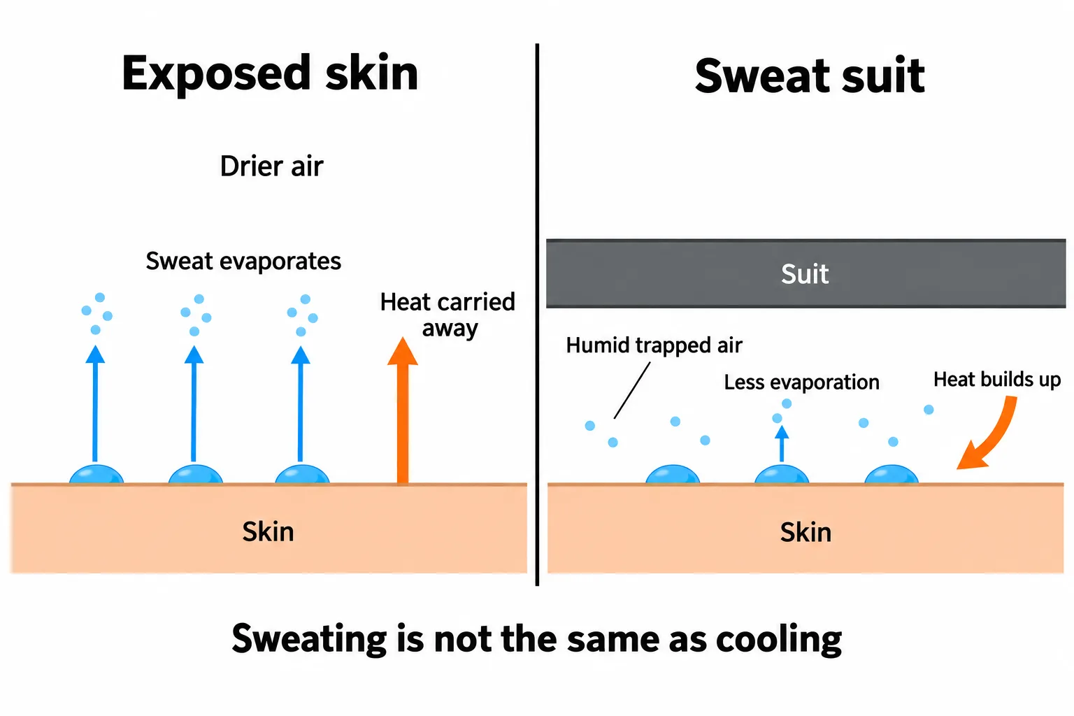 Matching skin cross-sections compare effective evaporation in open air with reduced evaporation and trapped heat beneath a sweat suit.