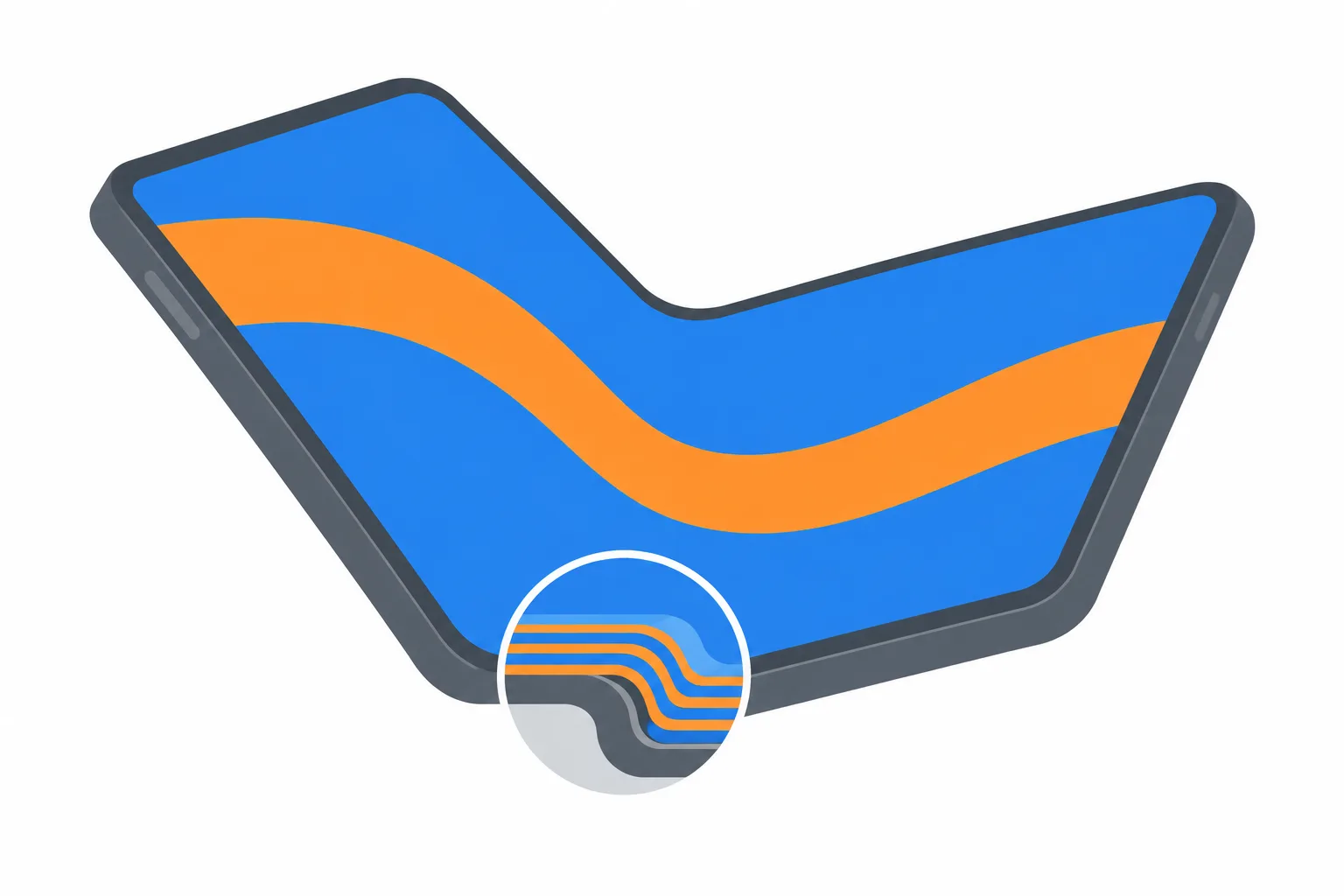 A partially folded smartphone has a continuous curved display, with a hinge cutaway revealing its thin bending layers.
