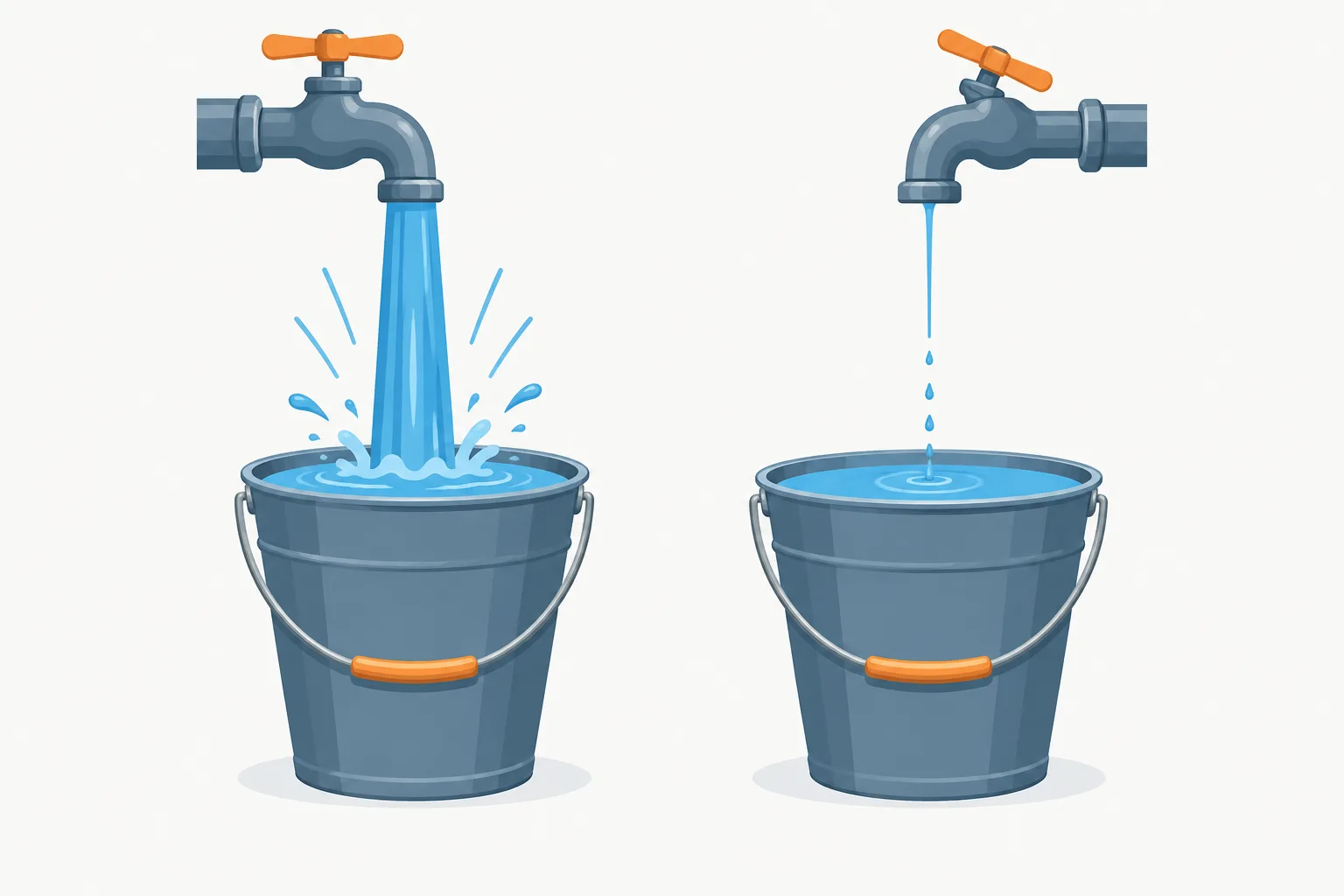 A strong flow and a trickle fill identical buckets to the same level at different speeds.
