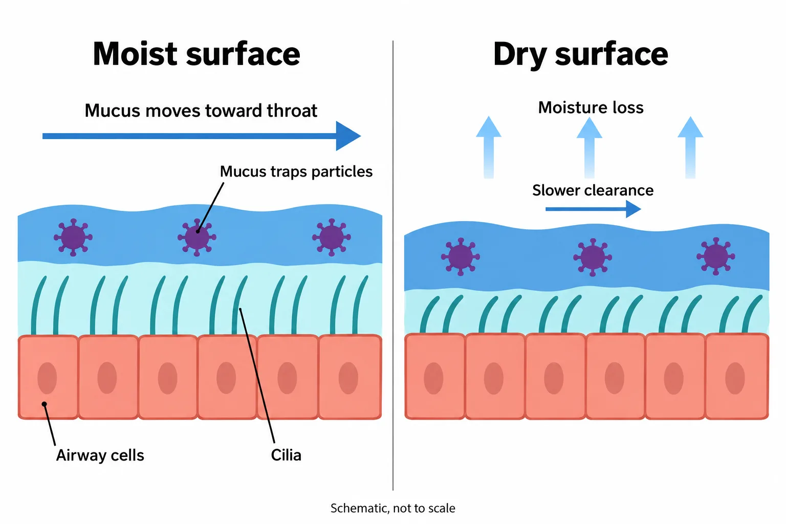 Side-by-side airway cross-sections compare efficient mucus transport on a moist surface with slower clearance after moisture loss.