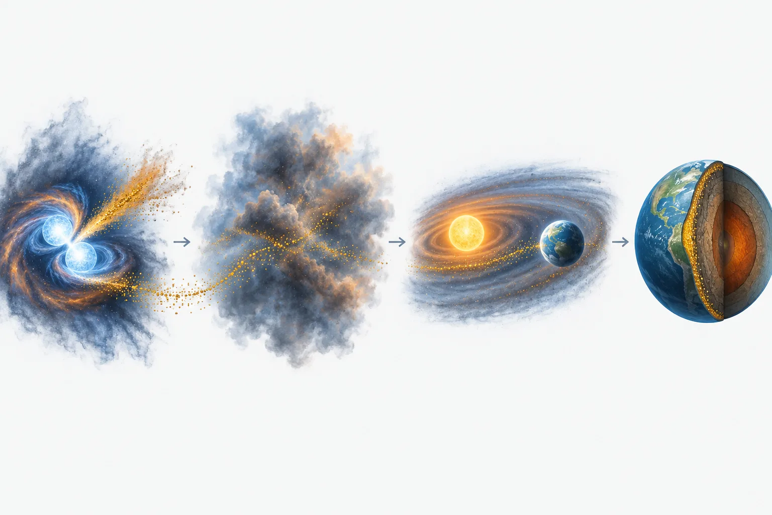 Gold-bearing debris mixes into a cloud that later forms the Solar System and Earth.