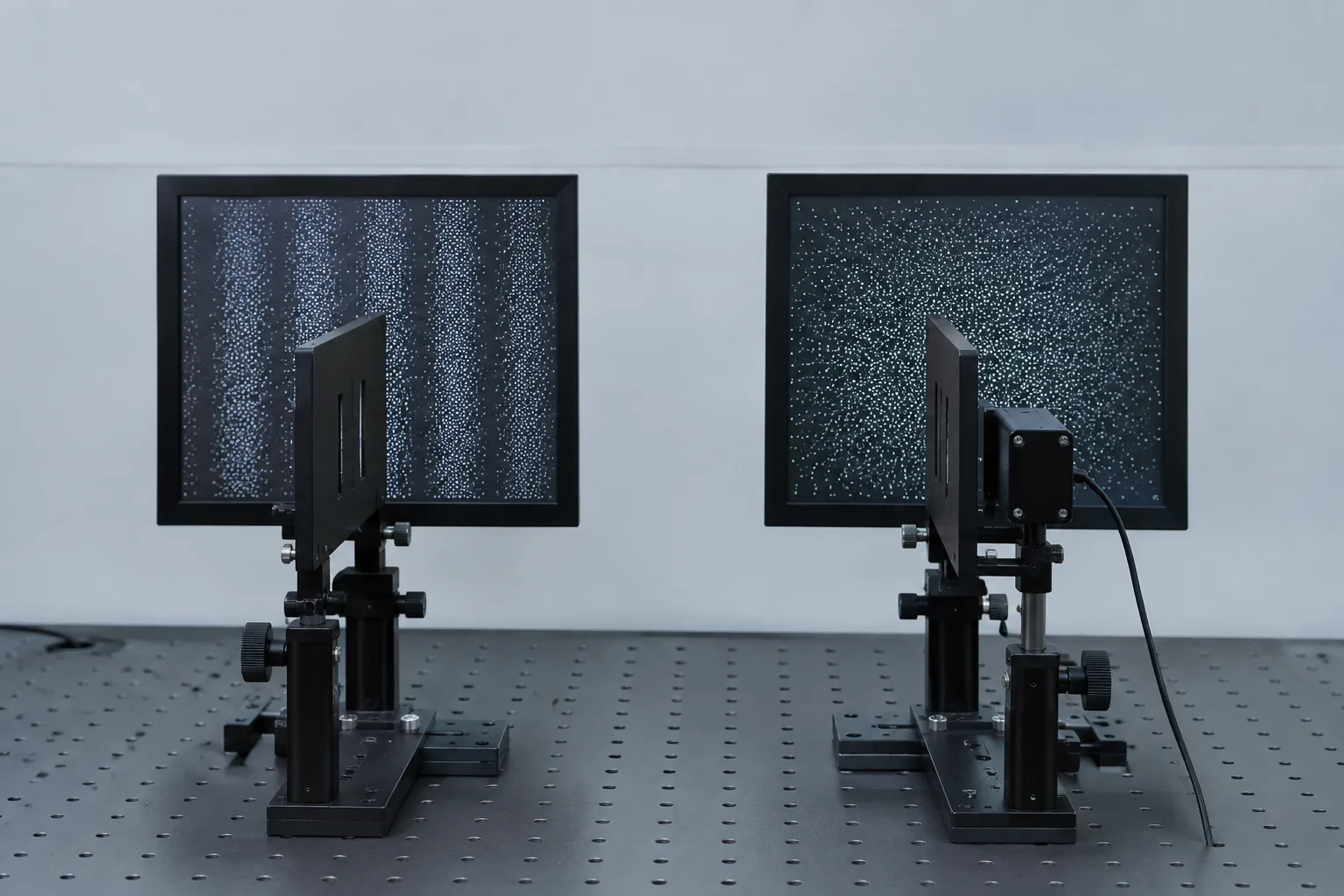 Two matching double-slit setups show interference bands without a path sensor and no fine bands with one.
