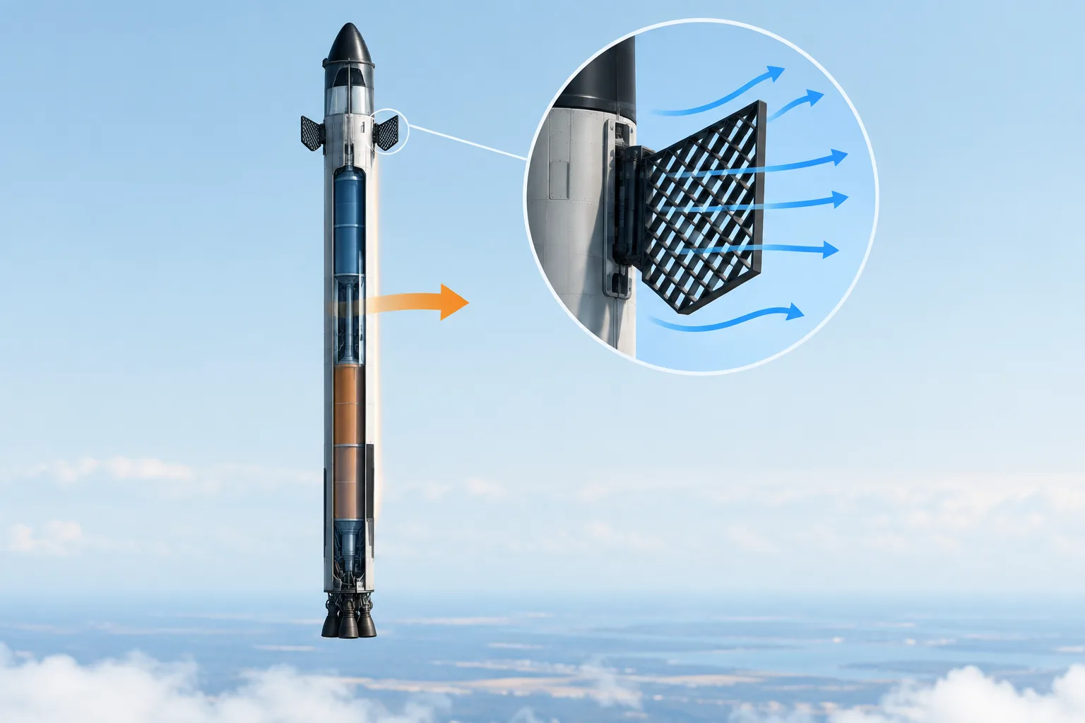 Air passes through a booster's grid fins, which help steer its path during descent.