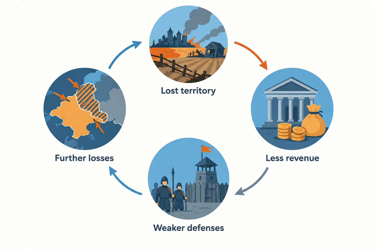 A four-stage cycle shows how territorial losses reduced revenue and weakened defenses, inviting further losses.