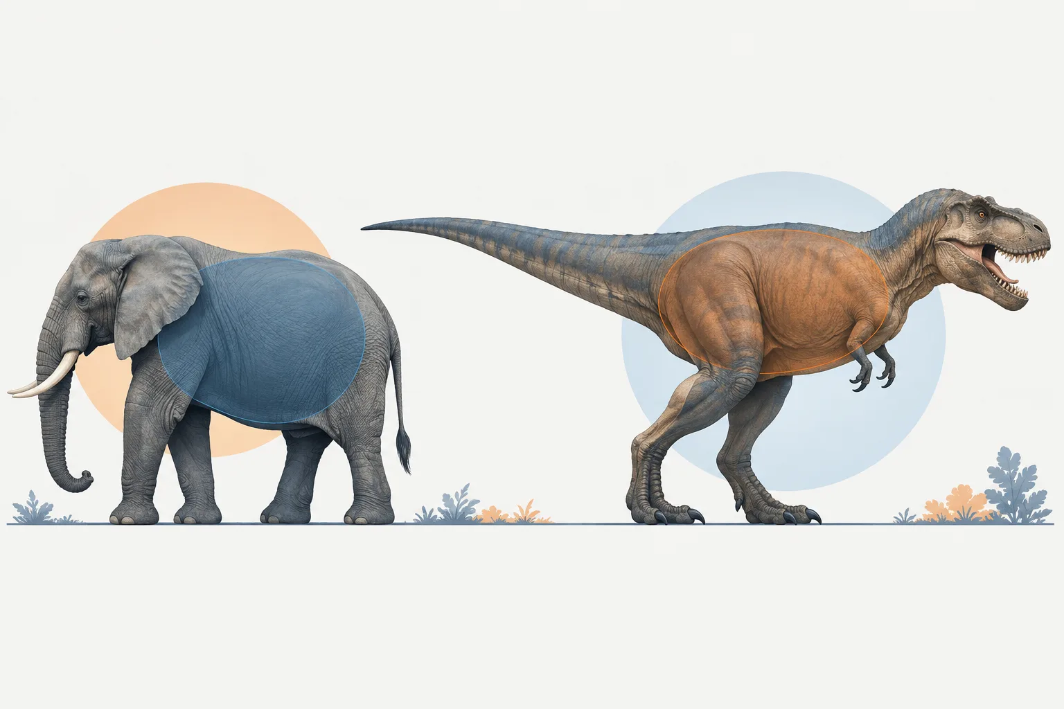 Side-by-side silhouettes show an elephant's compact bulk and a T. rex's long-tailed, two-legged form.