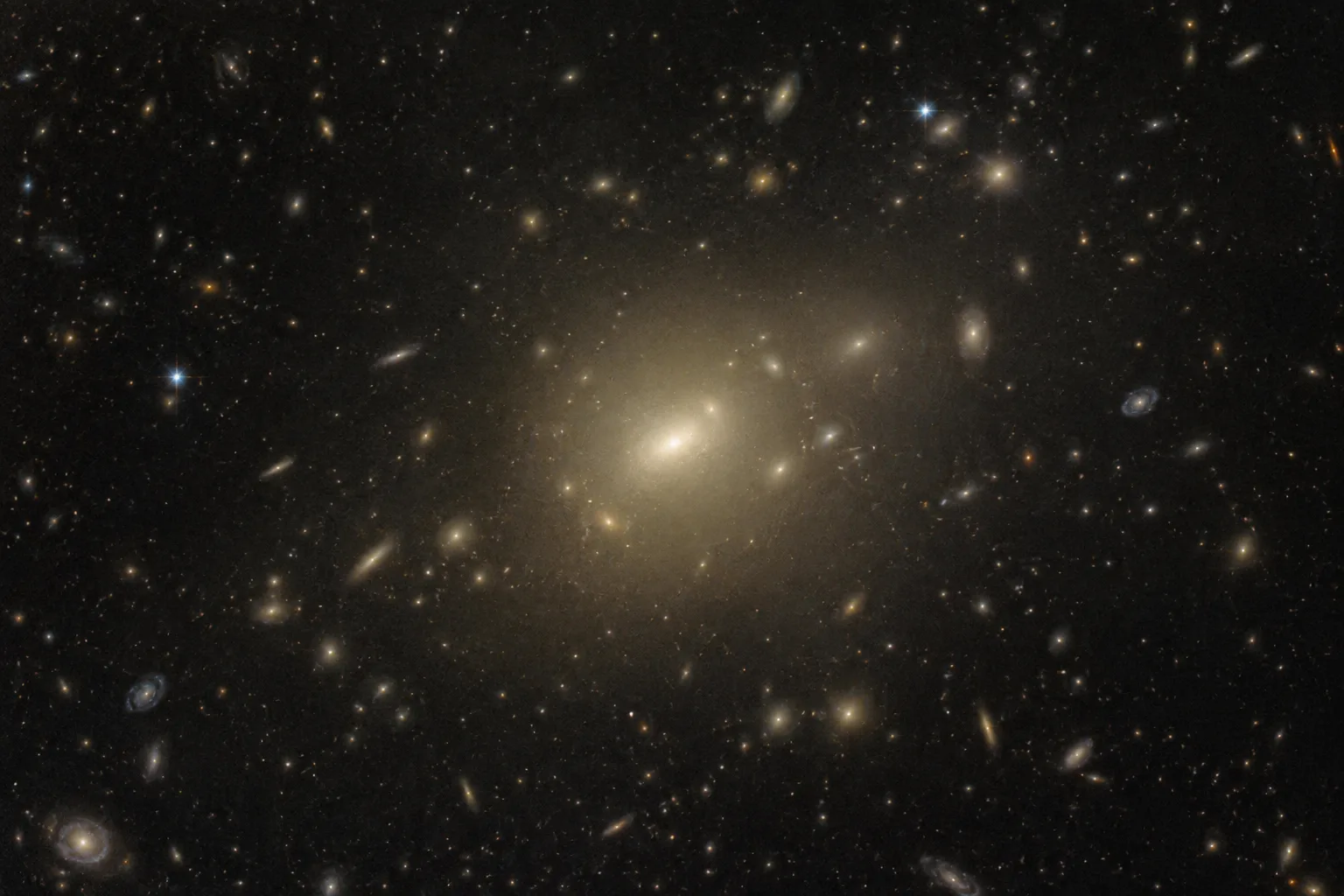 A giant elliptical galaxy’s faint outer glow blends into light spread throughout its cluster.