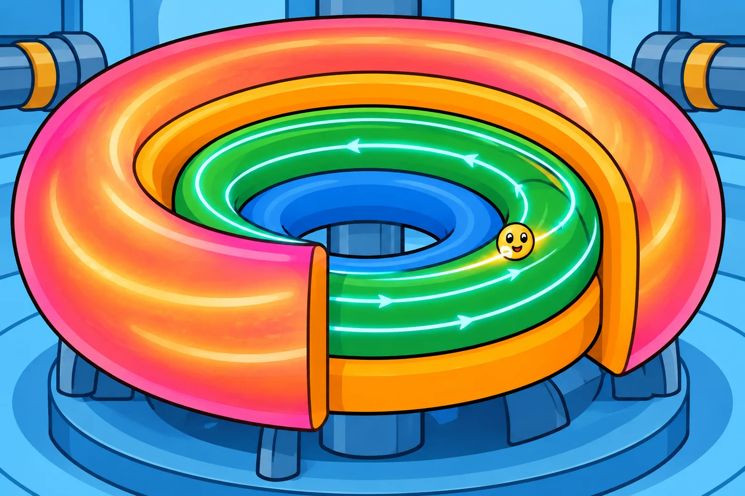 A cutaway plasma doughnut reveals nested magnetic layers with a particle following one layer.