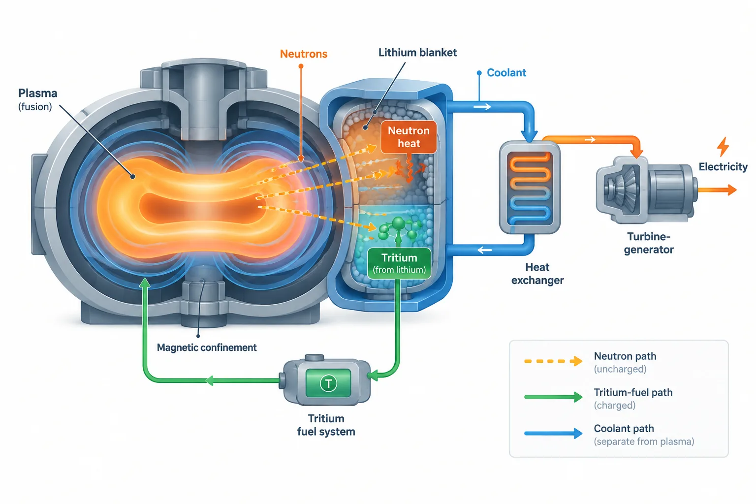 Neutrons leave the plasma for a lithium blanket, which generates heat and replacement tritium; coolant carries heat to a generator.