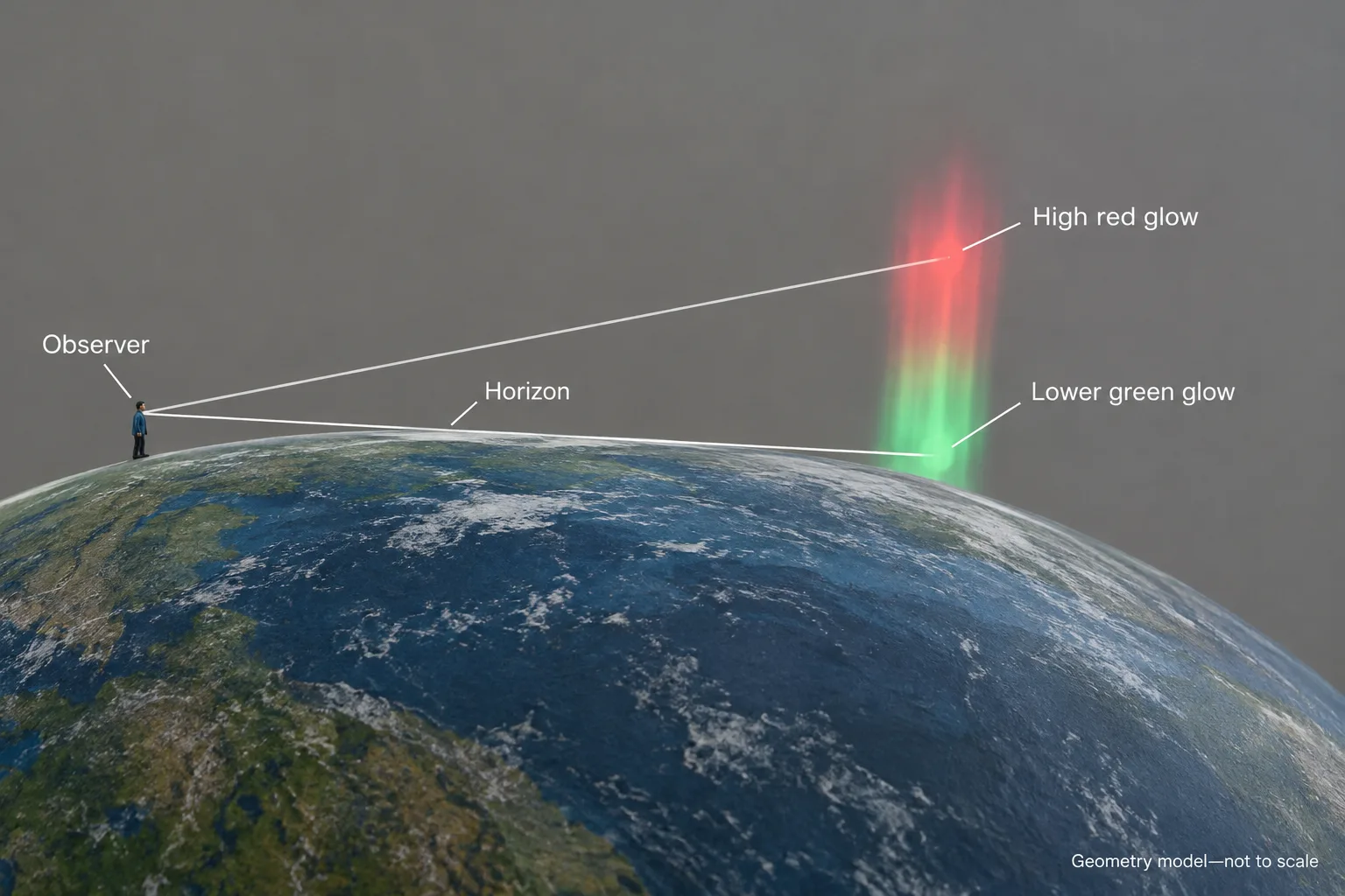 A curved-Earth model shows a distant observer seeing high red aurora above the horizon while lower green light is hidden.
